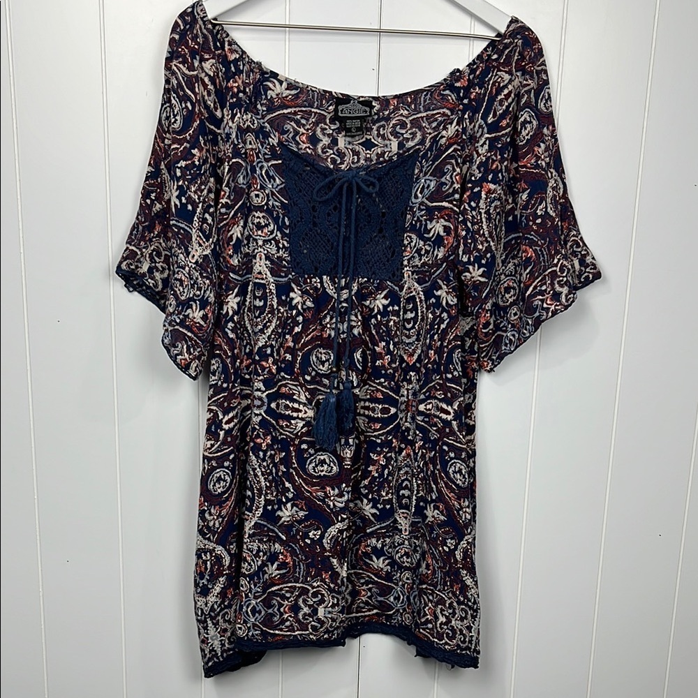 Angie Womens Top L Navy Wine Red Stretch Neckline Lace Front Ties/Tassels Loose